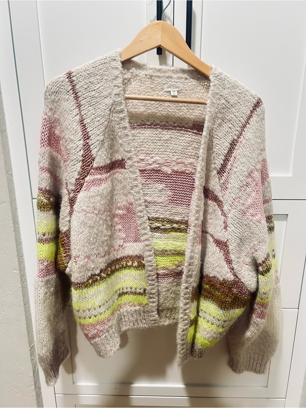 Pilcro Cream Cardigan with Pink and Chartreuse Stripe Accents